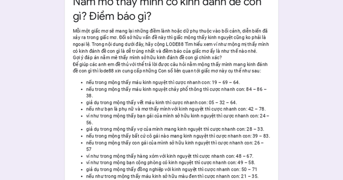 Nằm mơ thấy máu kinh nguyệt đánh con gì?